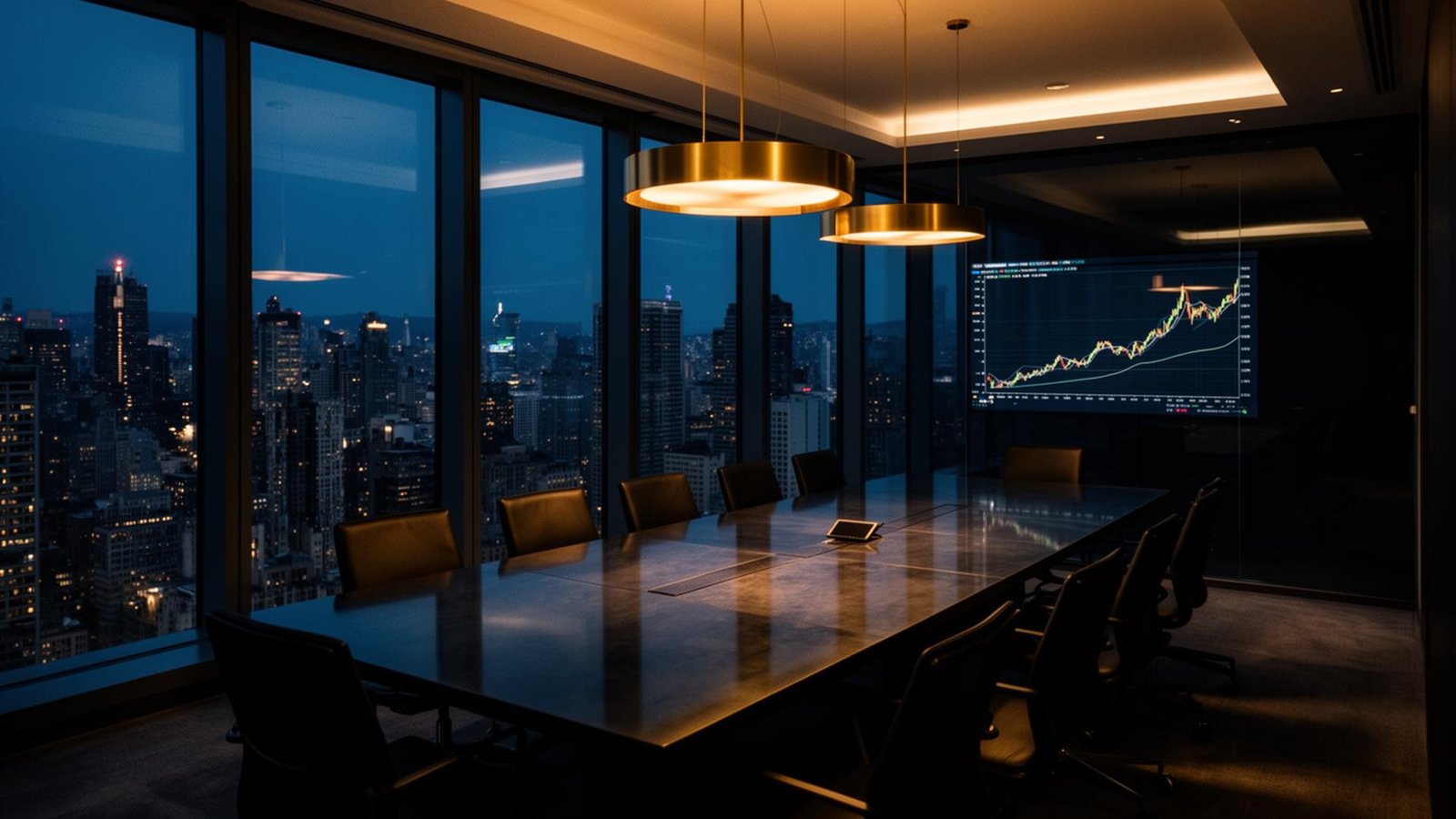 Premium executive boardroom overlooking a global city skyline at dusk